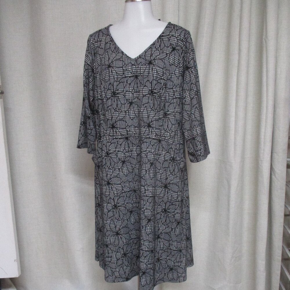HAWTHORN black white houndstooth plaid floral stretch dress pockets dress